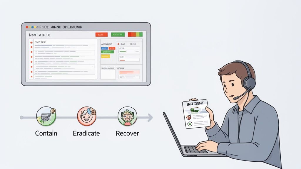 An incident management process with steps to contain, eradicate, and recover, alongside a monitoring dashboard and a person analyzing an incident report.