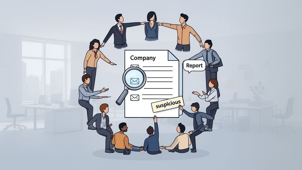 A diverse group of people investigates a suspicious company document, collaboratively pointing and reporting findings.