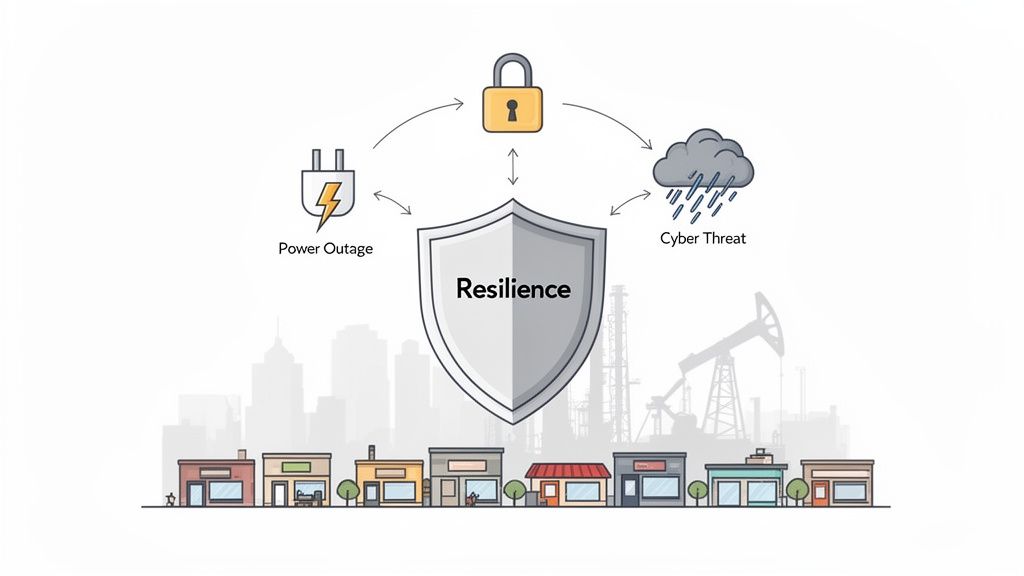 An infographic showing resilience protecting against power outages, cyber threats, and security issues.