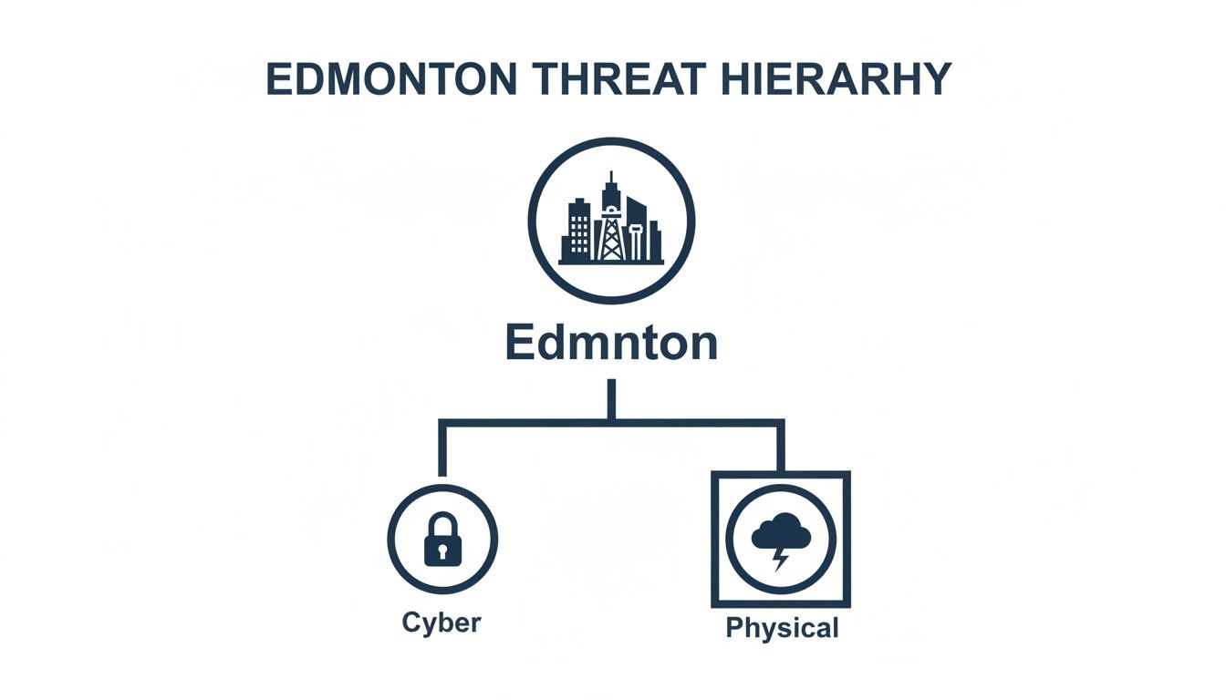 A hierarchy chart showing Edmonton's threat categories, including Cyber and Physical threats, with icons.
