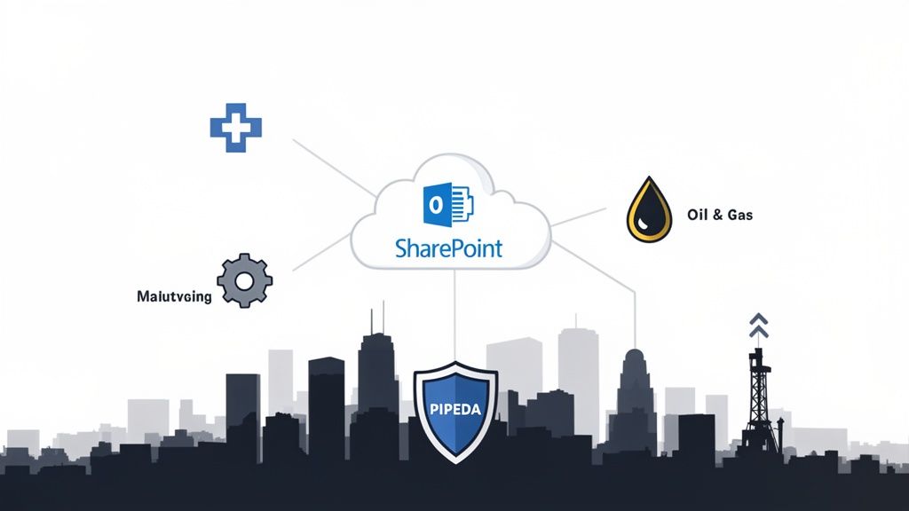 SharePoint cloud integrating with healthcare, industry, and oil & gas sectors over a cityscape.