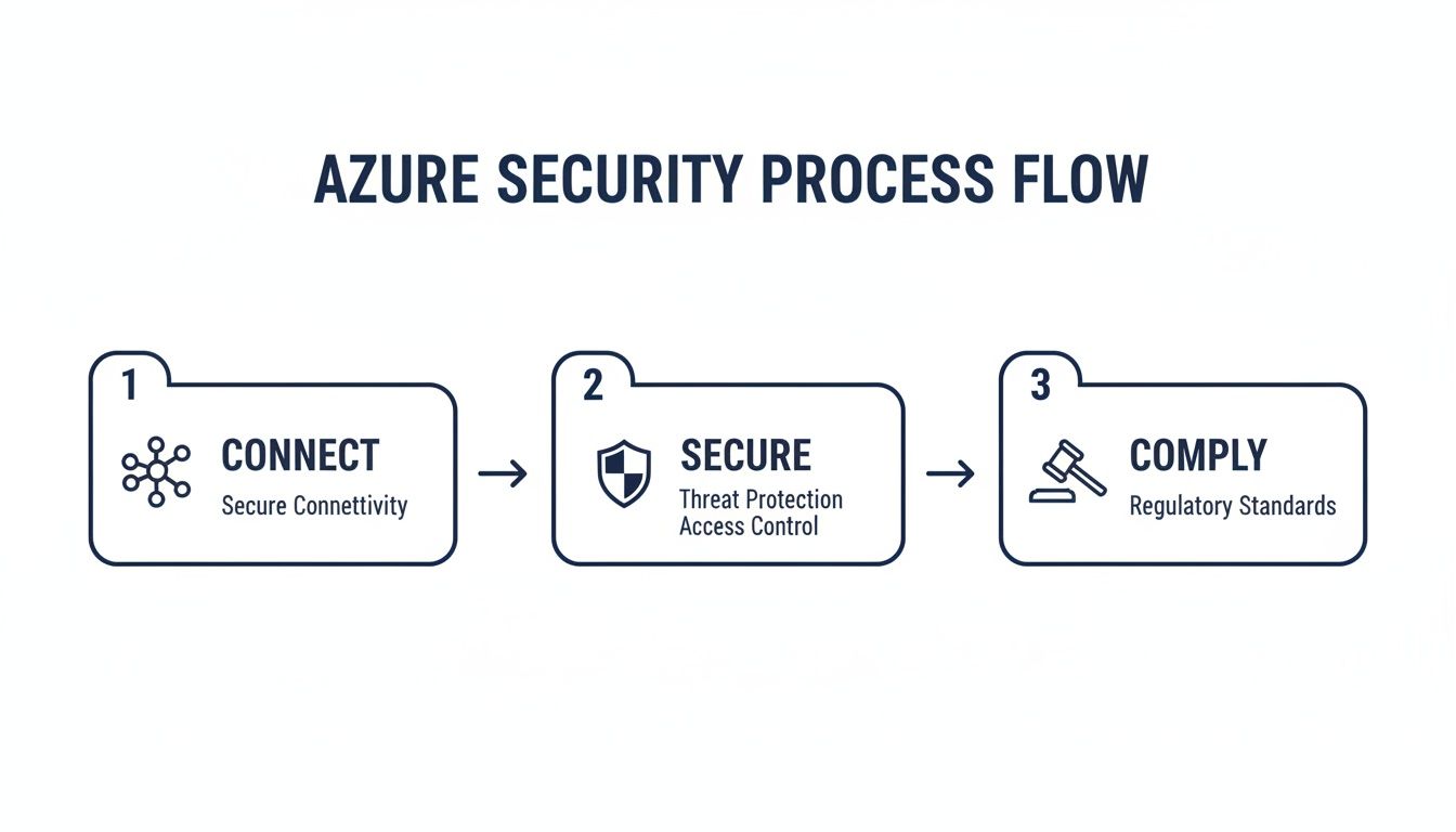 A flowchart outlining the Azure security process, detailing steps for connection, securing, and compliance.