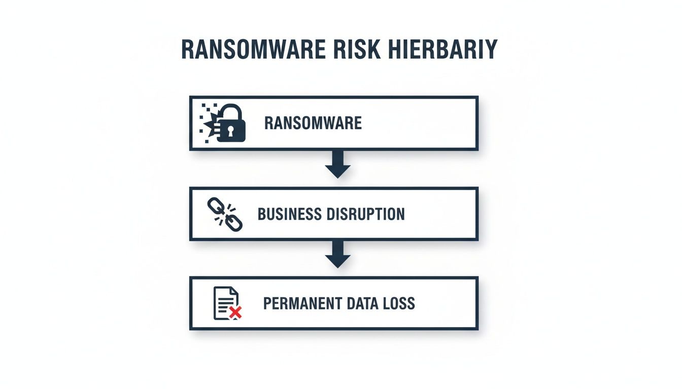 A flowchart illustrates ransomware risk: Ransomware leads to business disruption and permanent data loss.