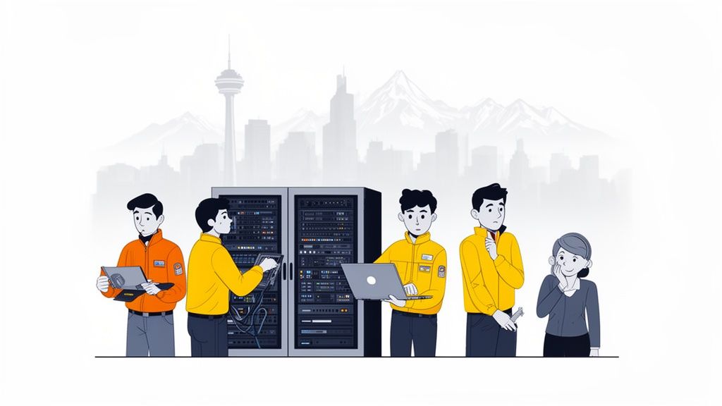 A team of IT specialists working with servers, representing managed IT services.