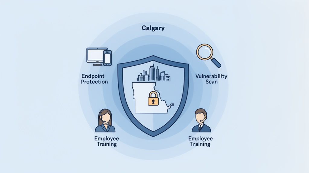 An infographic illustrating cybersecurity measures around Calgary, including endpoint protection, vulnerability scans, and employee training.