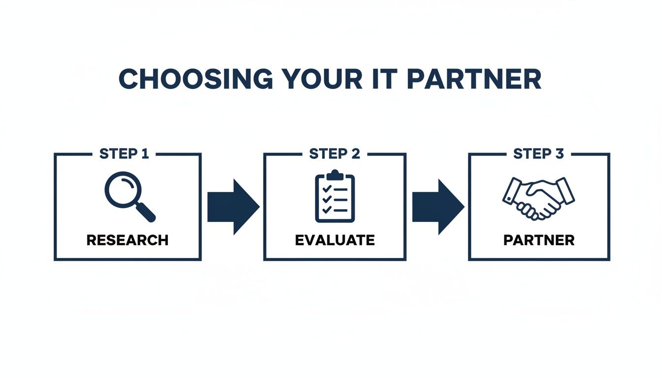 Infographic detailing the three steps to choosing an IT partner: research, evaluate, and partner.