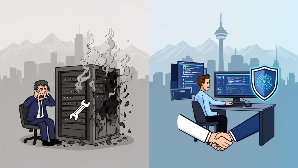 A man panics next to a burning server contrasted with a calm IT professional providing cybersecurity and support.