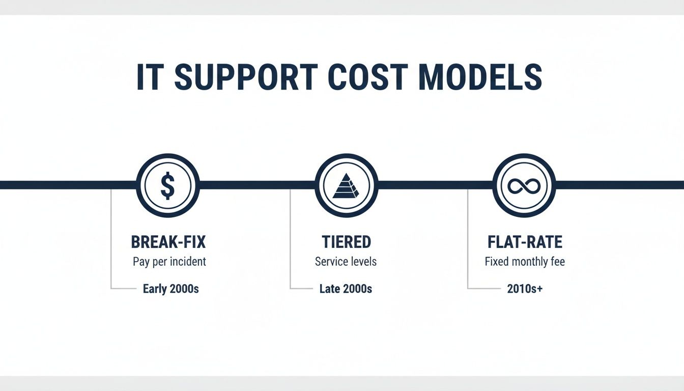Infographic showing three IT support cost models: Break-Fix, Tiered, and Flat-Rate with their descriptions and timelines.