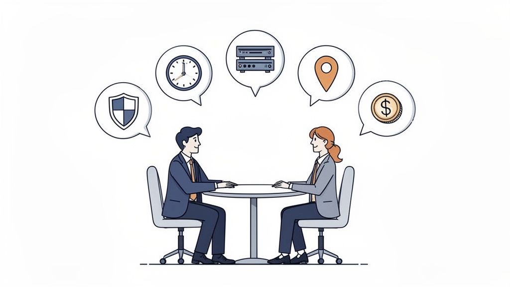 Two business professionals discussing key business aspects like security, time, data, location, and finance.