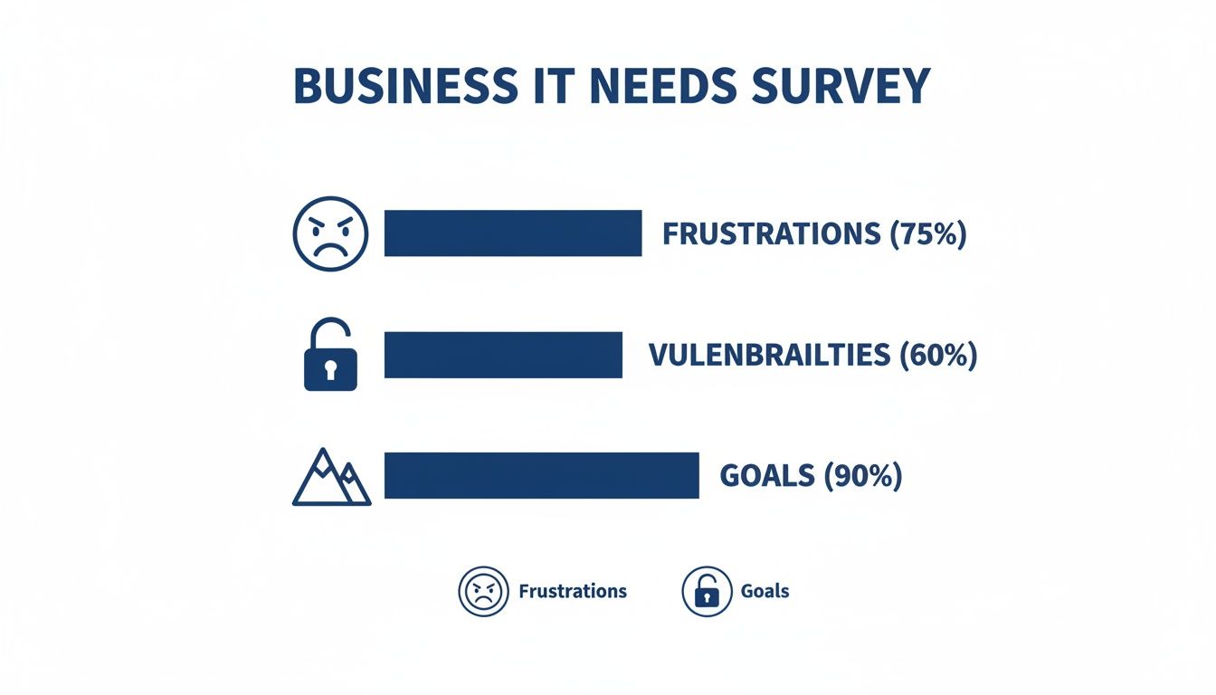 A business IT needs survey displaying frustrations (75%), vulnerabilities (60%), and goals (90%).