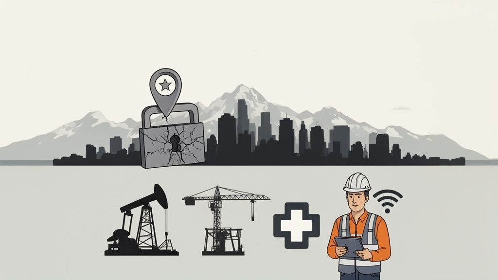 Illustration showing industrial cybersecurity: cracked padlock over a city, oil, crane, and worker with tablet.