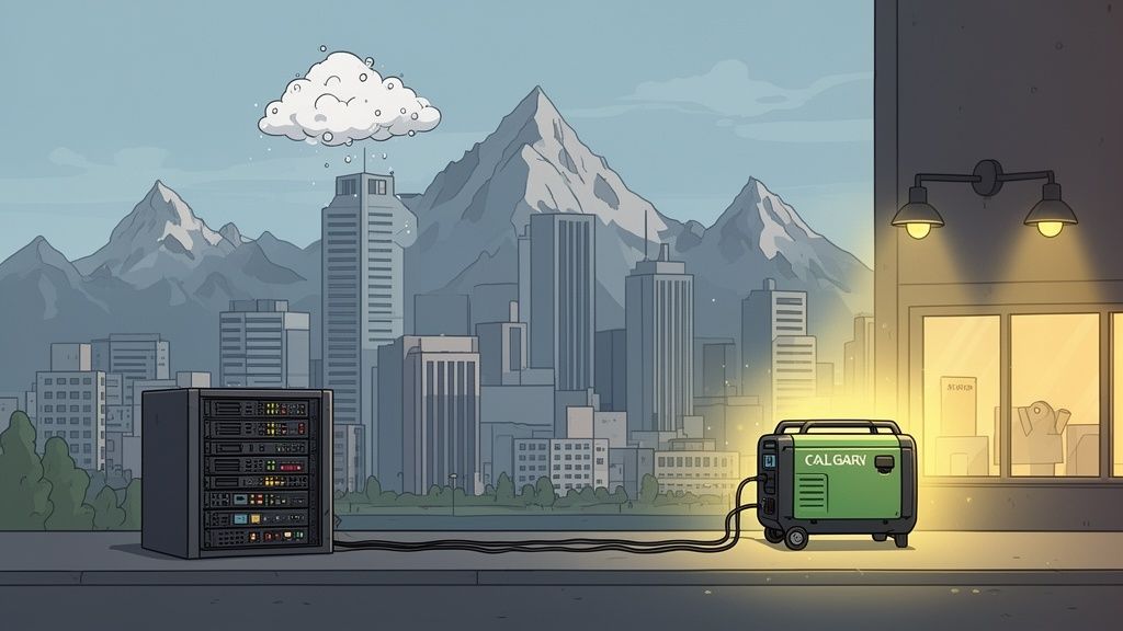 A server rack is powered by a green Calgary generator in front of a city and mountains.