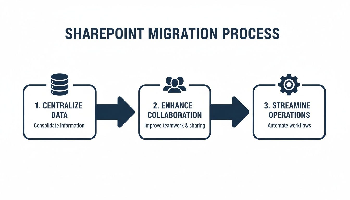 Flowchart illustrating the SharePoint migration process: centralize data, enhance collaboration, and streamline operations.
