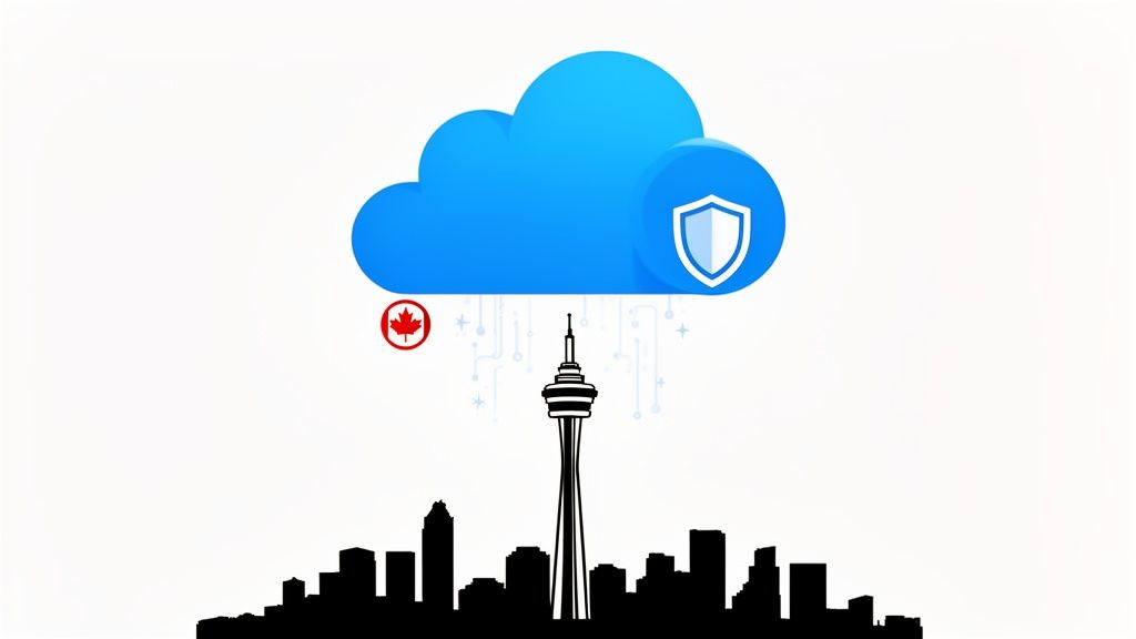 A blue cloud with a security shield icon above the CN Tower and Toronto skyline, signifying secure Canadian cloud services.