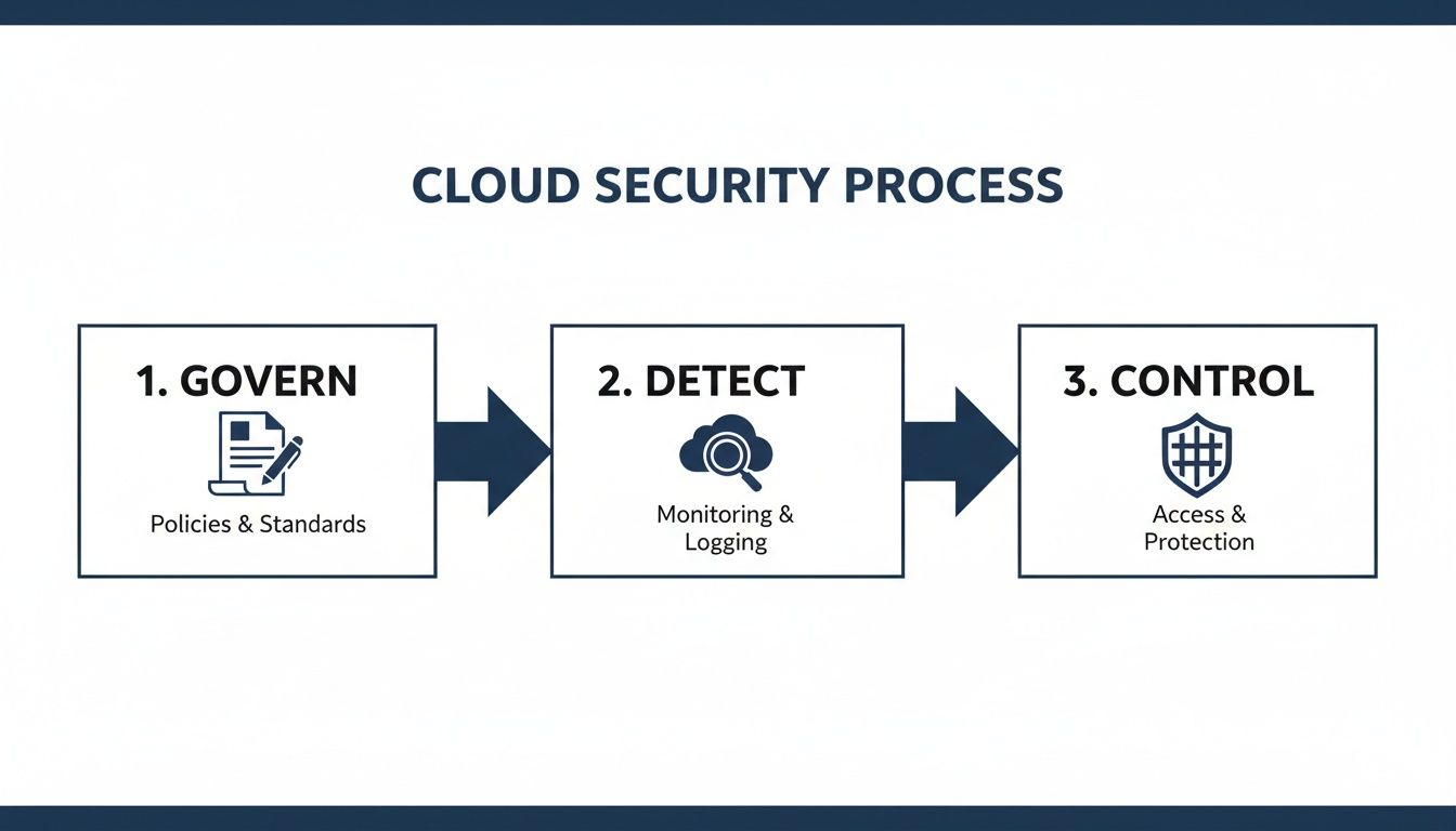 A three-step cloud security process diagram showing Govern, Detect, and Control phases.