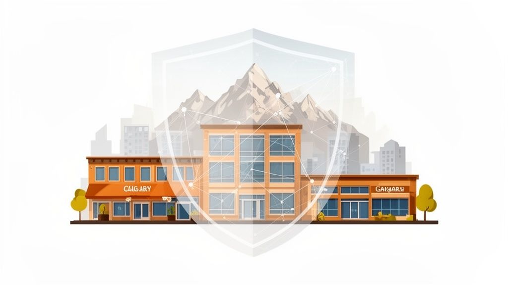 Illustration of buildings in Calgary with mountains, shielded by a network, depicting network security.