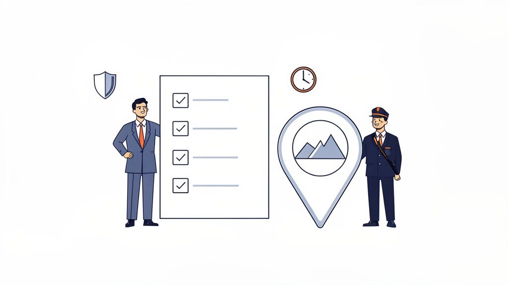 An illustration showing a businessman, a checklist, a security shield, a clock, a location pin, and a postman, representing service and delivery.