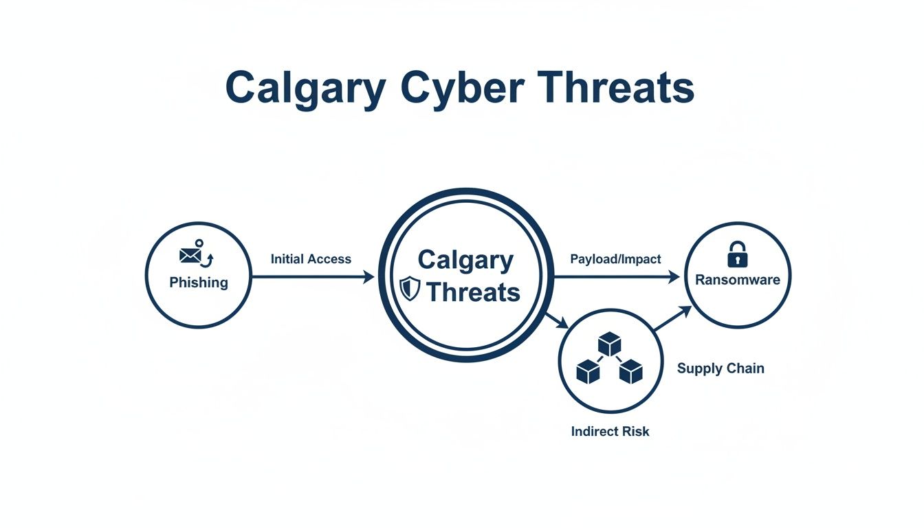 A flowchart illustrates Calgary cyber threats, showing phishing as initial access, leading to ransomware directly or through indirect supply chain risks.