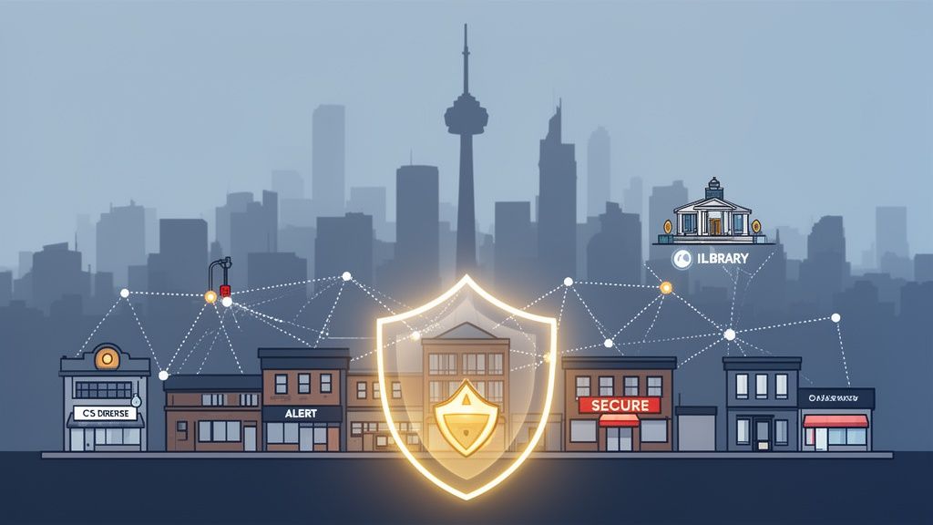 A glowing shield symbol protects interconnected city buildings, illustrating urban network security.