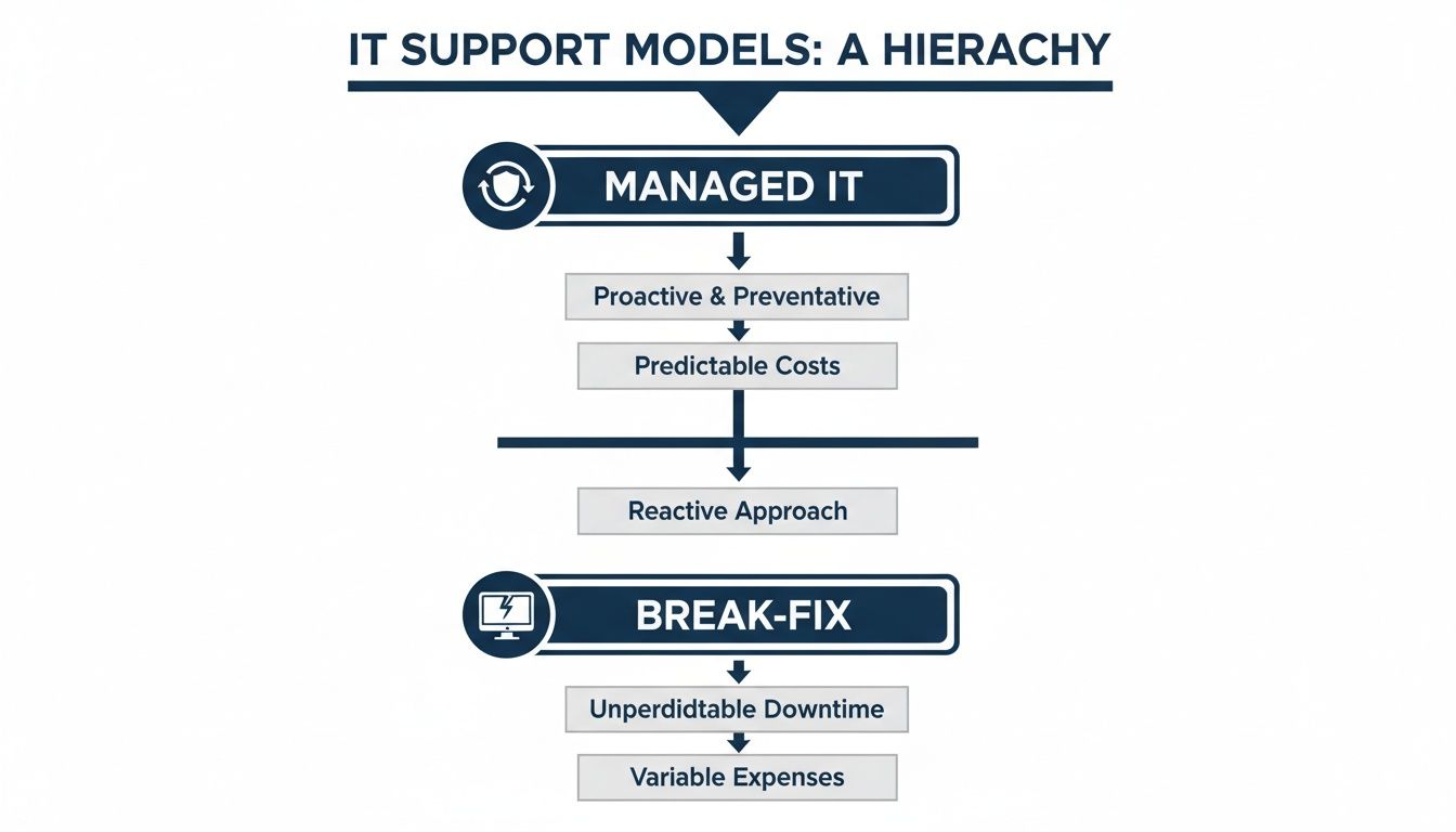 A hierarchical diagram comparing Managed IT with Proactive, Preventative, and Predictable Costs to Break-Fix with Unpredictable Downtime and Variable Expenses.