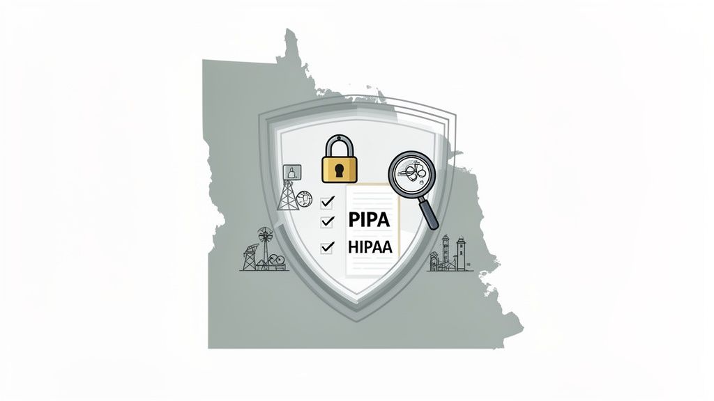 Illustration of data privacy and IT security compliance (PIPA, HIPAA) over an Alberta map.