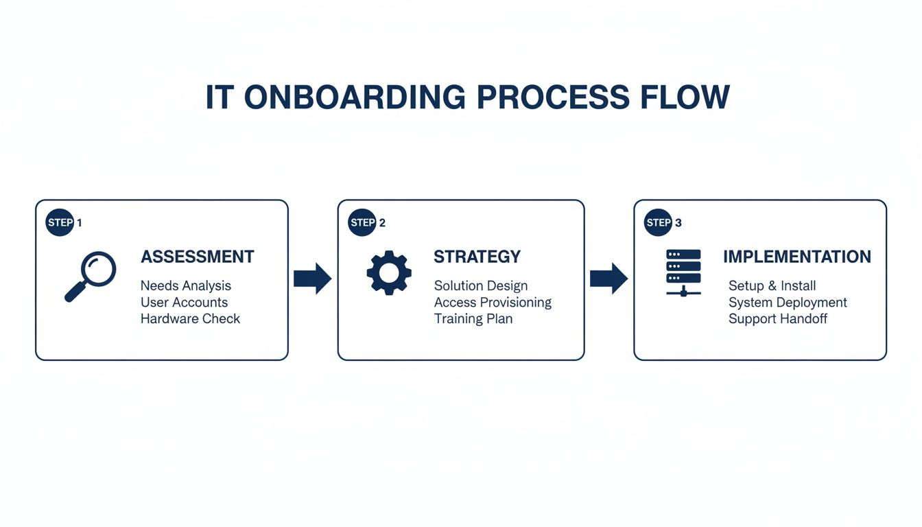 A three-step IT onboarding process flow diagram illustrating assessment, strategy, and implementation phases.