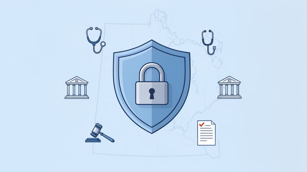 Shield with padlock securing healthcare, legal, and government services on a map.