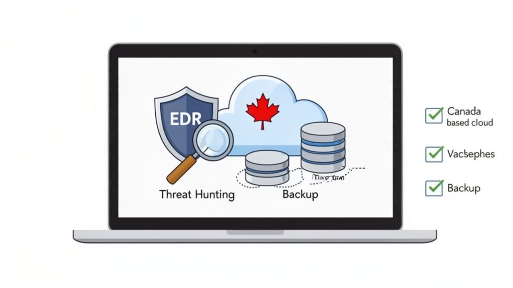 A laptop screen displays EDR, threat hunting, Canadian cloud, and data backup services, with checkboxes listing features.