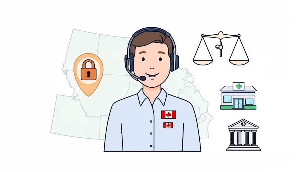 Illustration of a Canadian agent with a headset, map, padlock, scales of justice, hospital, and government building.