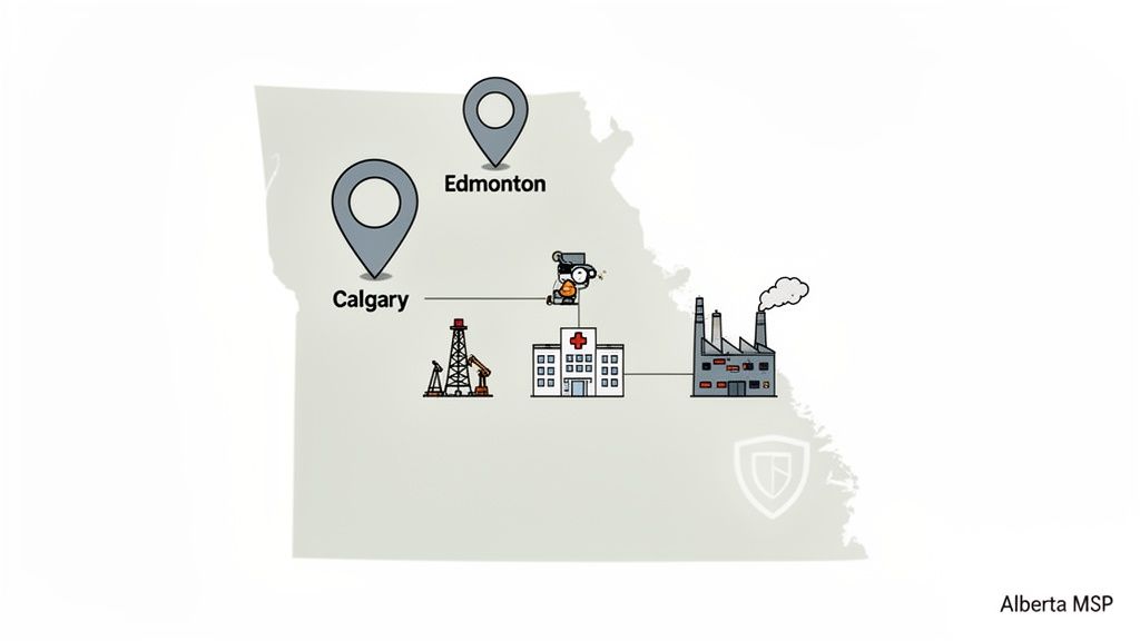 Map of Alberta showing Calgary and Edmonton pins, connected to an oil rig, hospital, and factory.