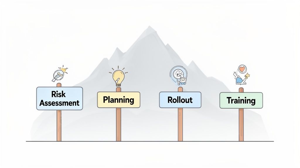 Infographic showing four process steps: Risk Assessment, Planning, Rollout, and Training, with corresponding icons.