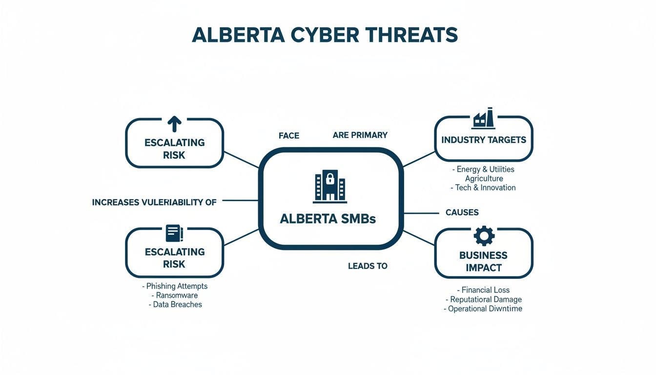 Flowchart detailing escalating cyber threats and their business impact on Alberta SMBs across key industries.