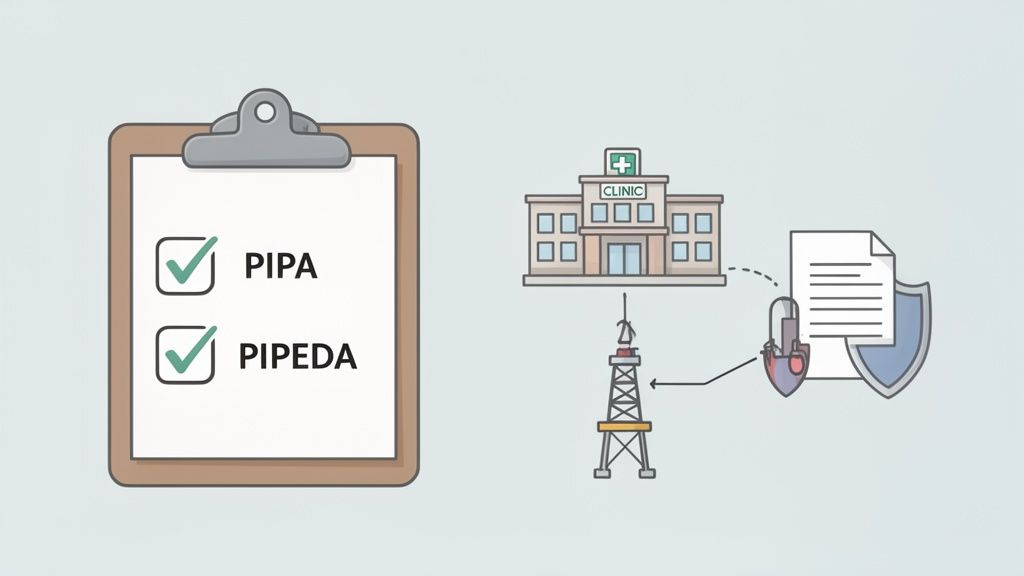 Compliance checklist with PIPA and PIPEDA, a clinic transmitting secure patient data with a lock and shield.