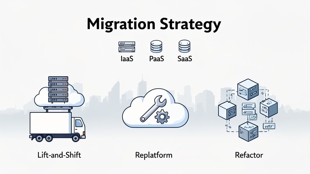 An infographic illustrating three cloud migration strategies: Lift-and-Shift, Replatform, and Refactor, with IaaS, PaaS, SaaS icons.