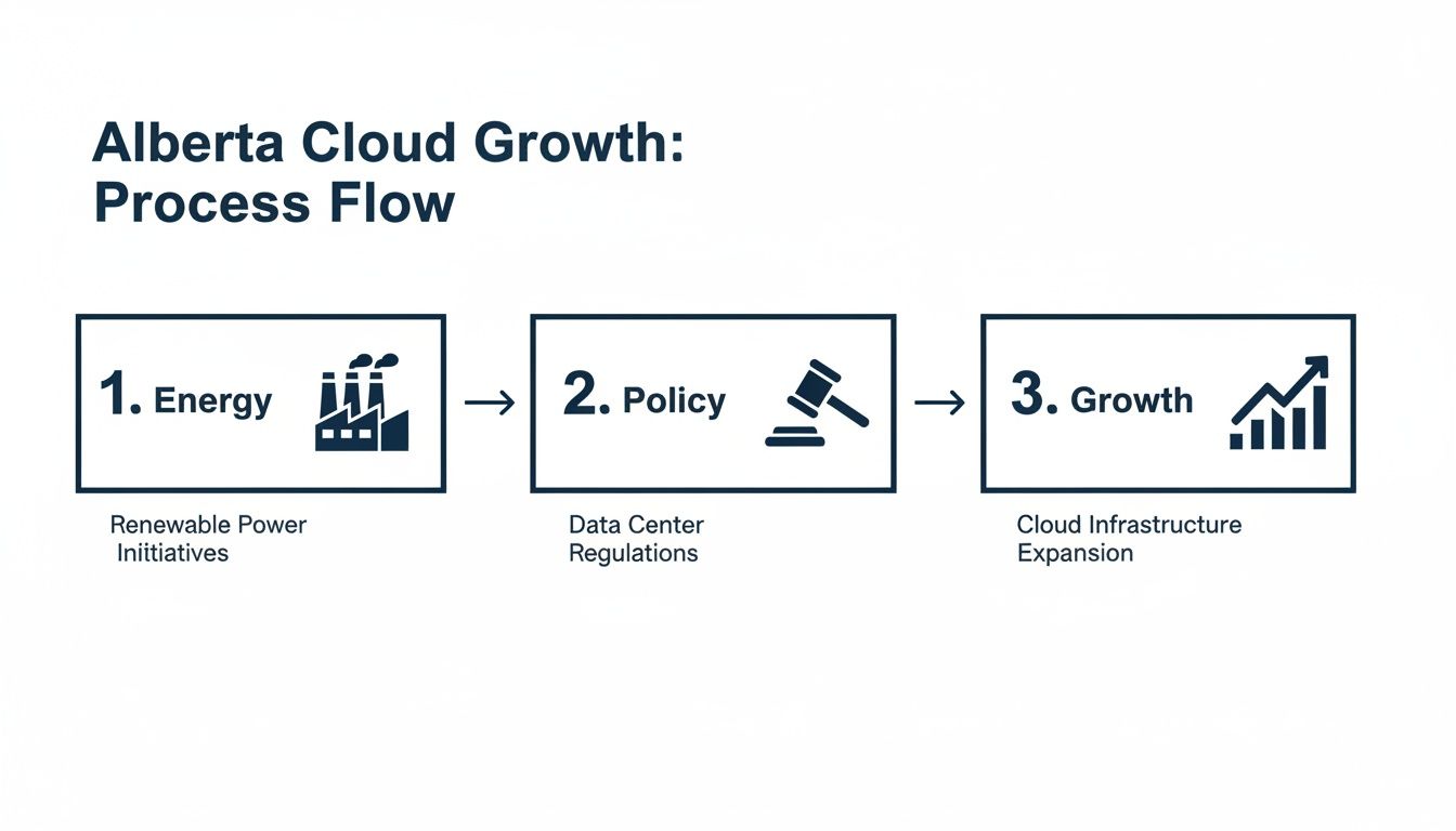 Alberta Cloud Growth process flow showing energy, policy, and cloud infrastructure expansion steps.