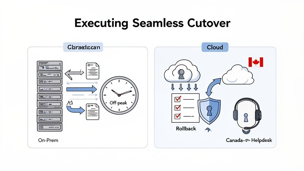 Diagram illustrating a seamless cloud cutover process with on-premise migration, off-peak timing, security, rollback, and Canadian helpdesk.