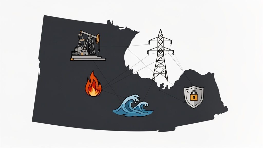 Map showing interconnected symbols for oil, fire, water, power grid, and cybersecurity.