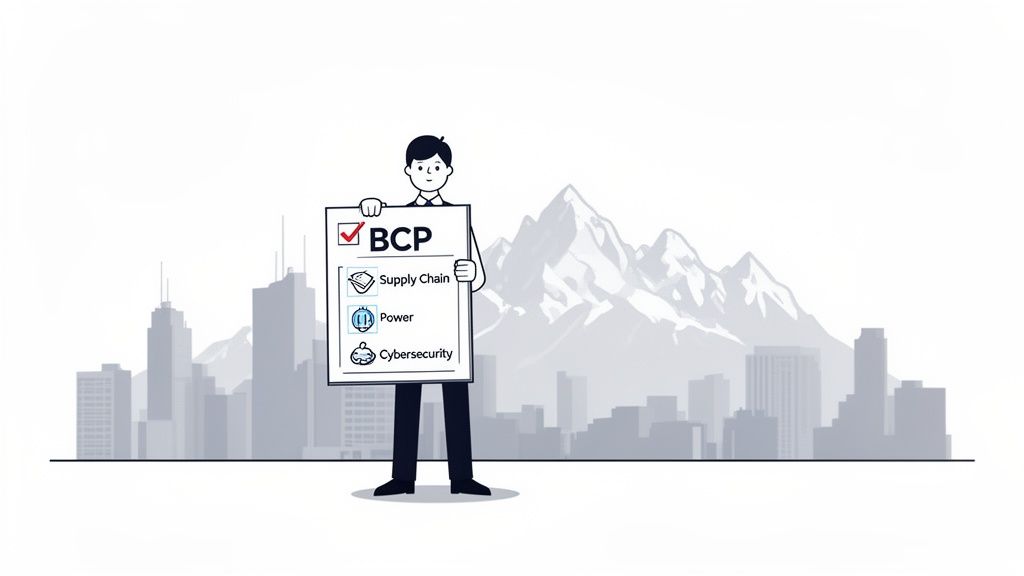 Cartoon man holding a checklist for Business Continuity Plan (BCP), covering supply chain, power, and cybersecurity.