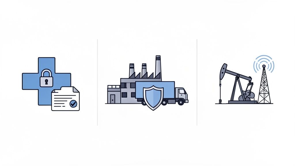 Illustrations showing secured healthcare data, protected industrial supply chain, and critical energy infrastructure.