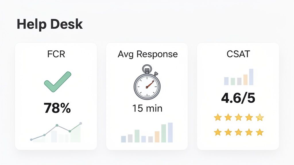 Dashboard showing help desk performance metrics: FCR at 78%, average response time 15 min, and CSAT 4.6/5.