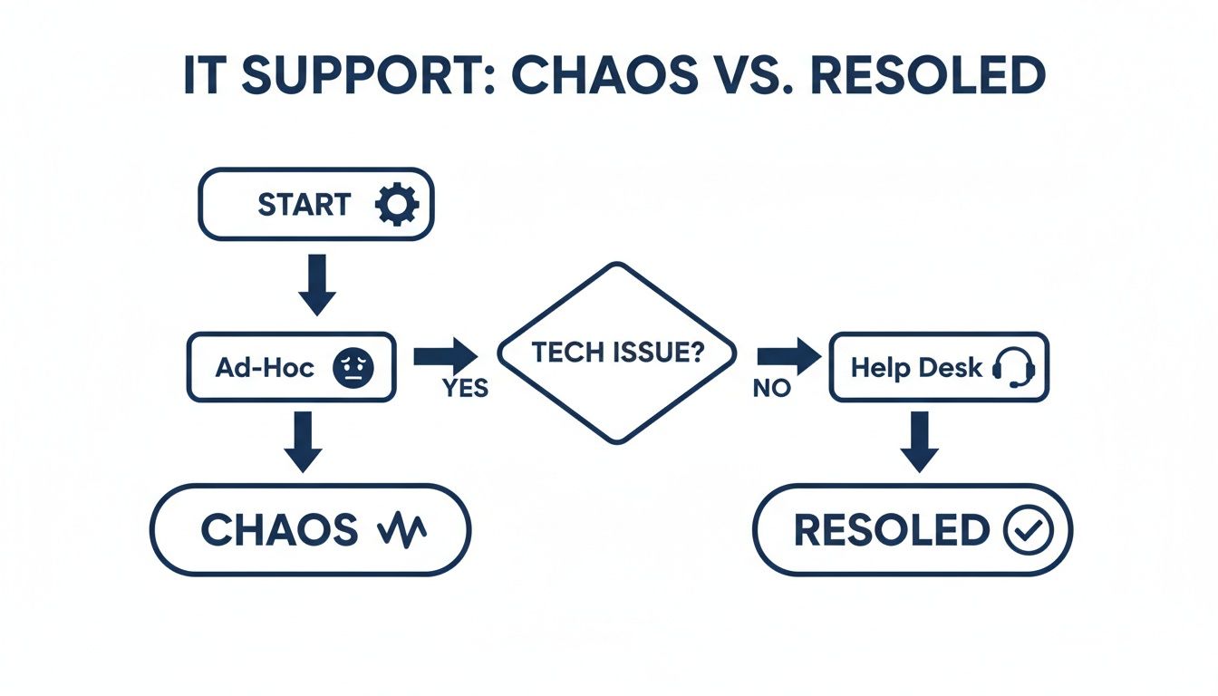 Flowchart illustrating IT support, contrasting ad-hoc chaos with help desk resolution for tech issues.