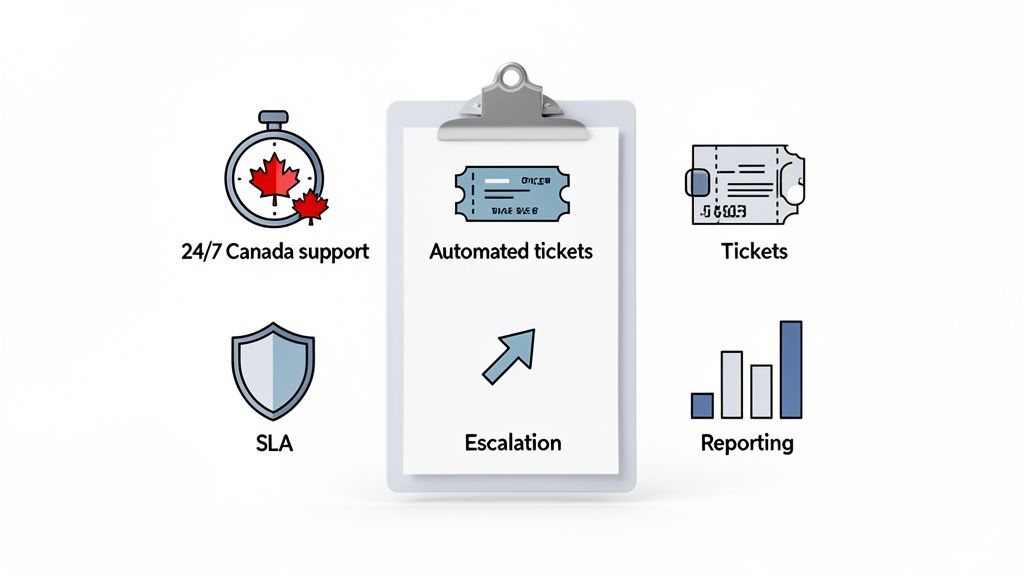Icons illustrate help desk support features: 24/7 Canada support, automated tickets, SLA, escalation, tickets, and reporting.