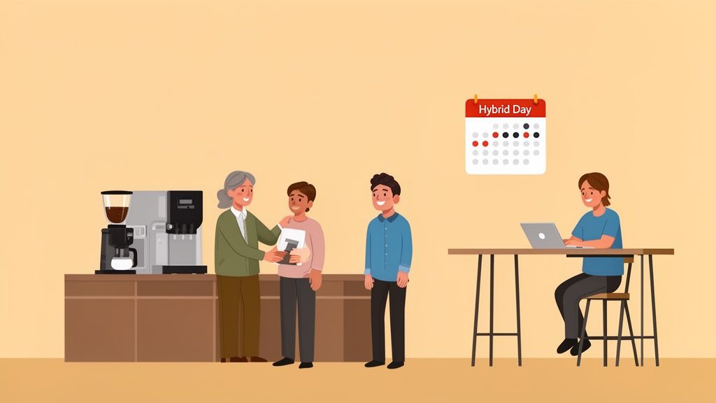 An office scene with employees interacting, a coffee station, and a woman working, with a 'Hybrid Day' calendar.