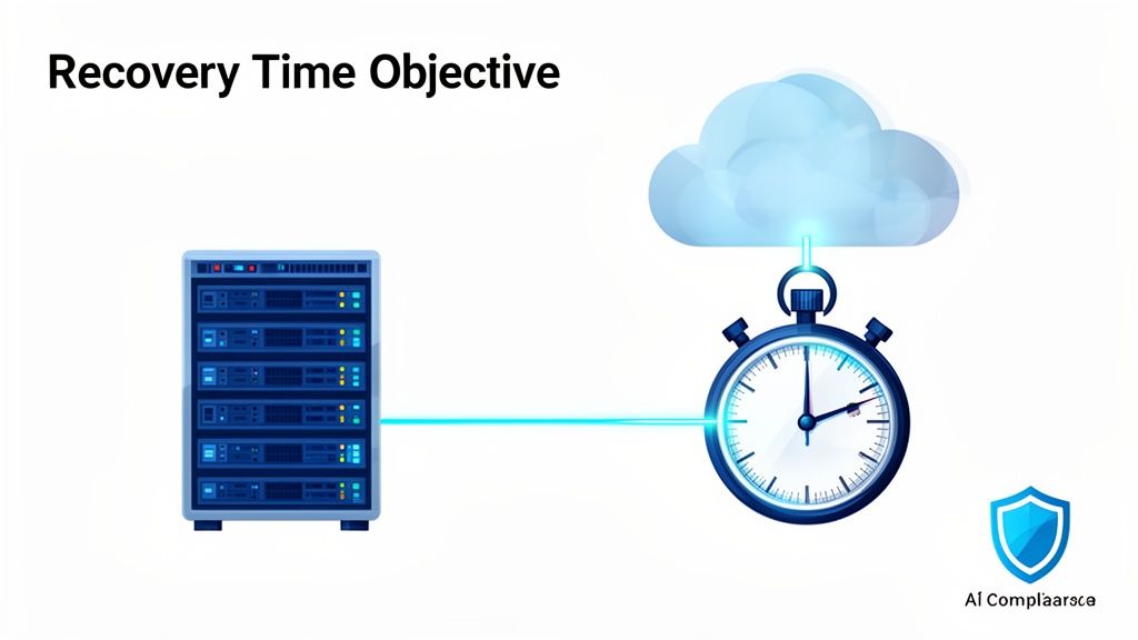 An illustration showing a server rack connected to a stopwatch under a cloud, representing Recovery Time Objective.