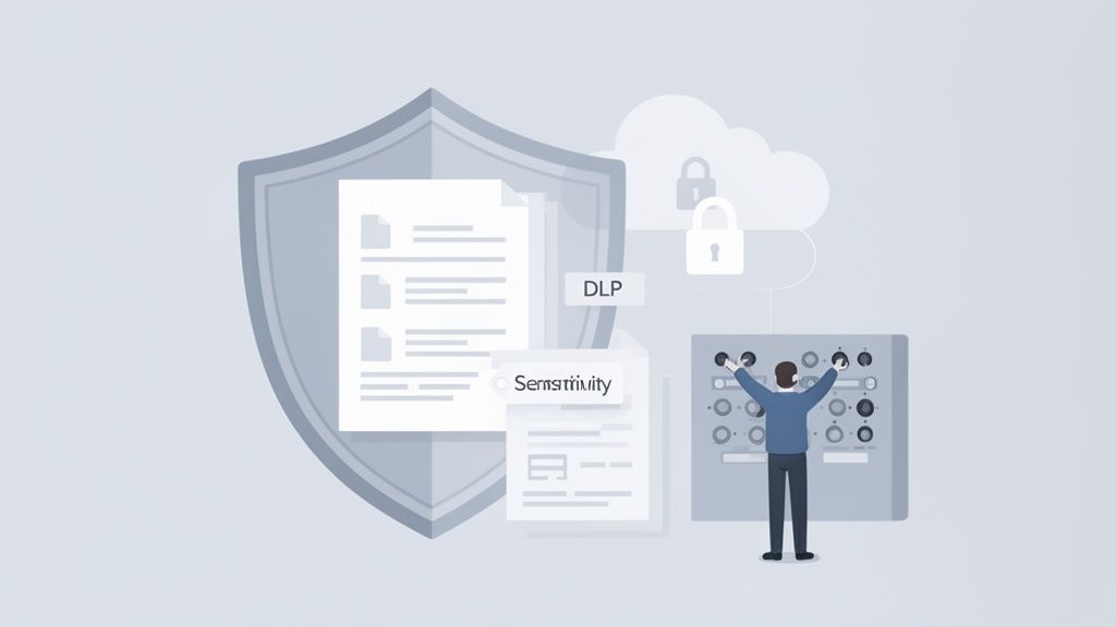 An illustration of data protection with a shield, sensitive documents, cloud security, and a person managing controls.