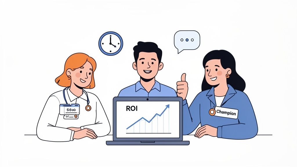 Three cartoon professionals review ROI on a laptop, showing business growth and success.