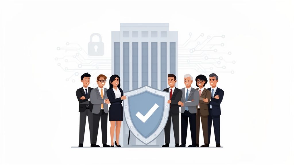 Diverse business team protecting a building with a shield, symbolizing robust cybersecurity measures.