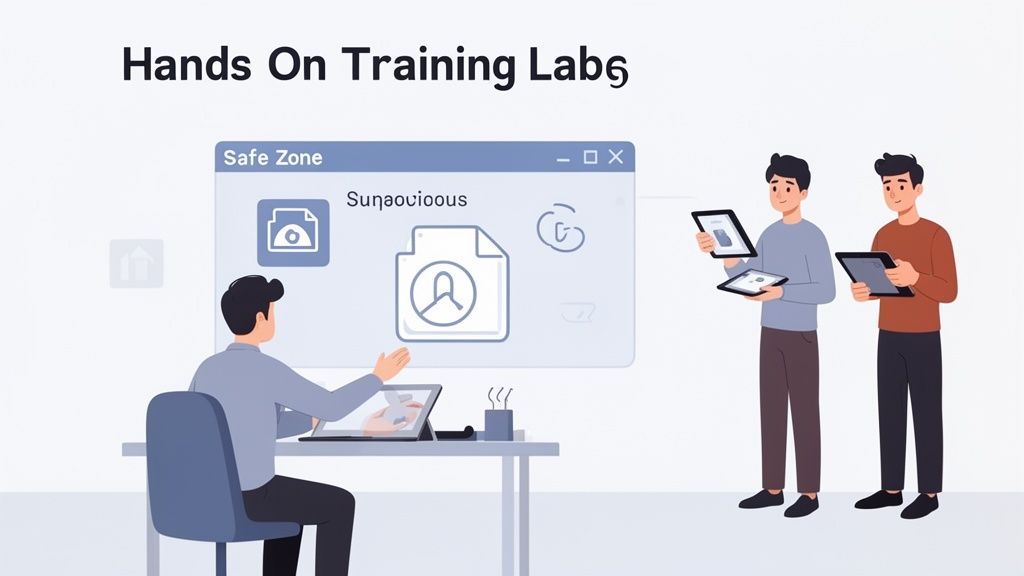 Three men participate in a hands-on training lab, engaging with a projected 'Safe Zone' interface.