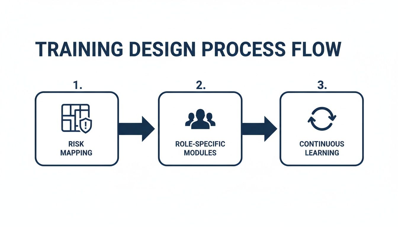 A diagram illustrating a three-step training design process flow: Risk Mapping, Role-Specific Modules, and Continuous Learning.
