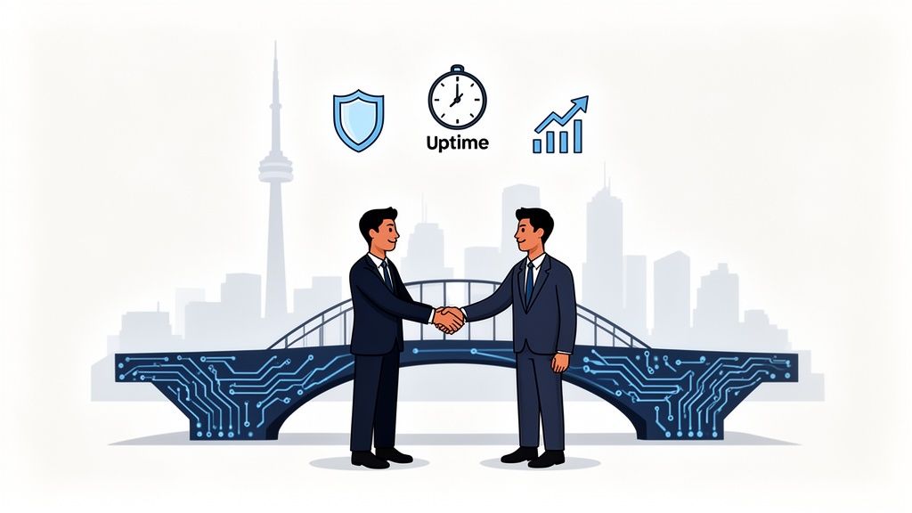 Two businessmen shake hands on a circuit board bridge, symbolizing security, uptime, and growth in a cityscape.